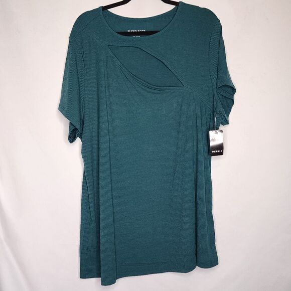 5X 28W Torrid Teal Rib Crew Neck Asymmetrical Cut Out Tee Super Soft Fitted NWT - Picture 4 of 7